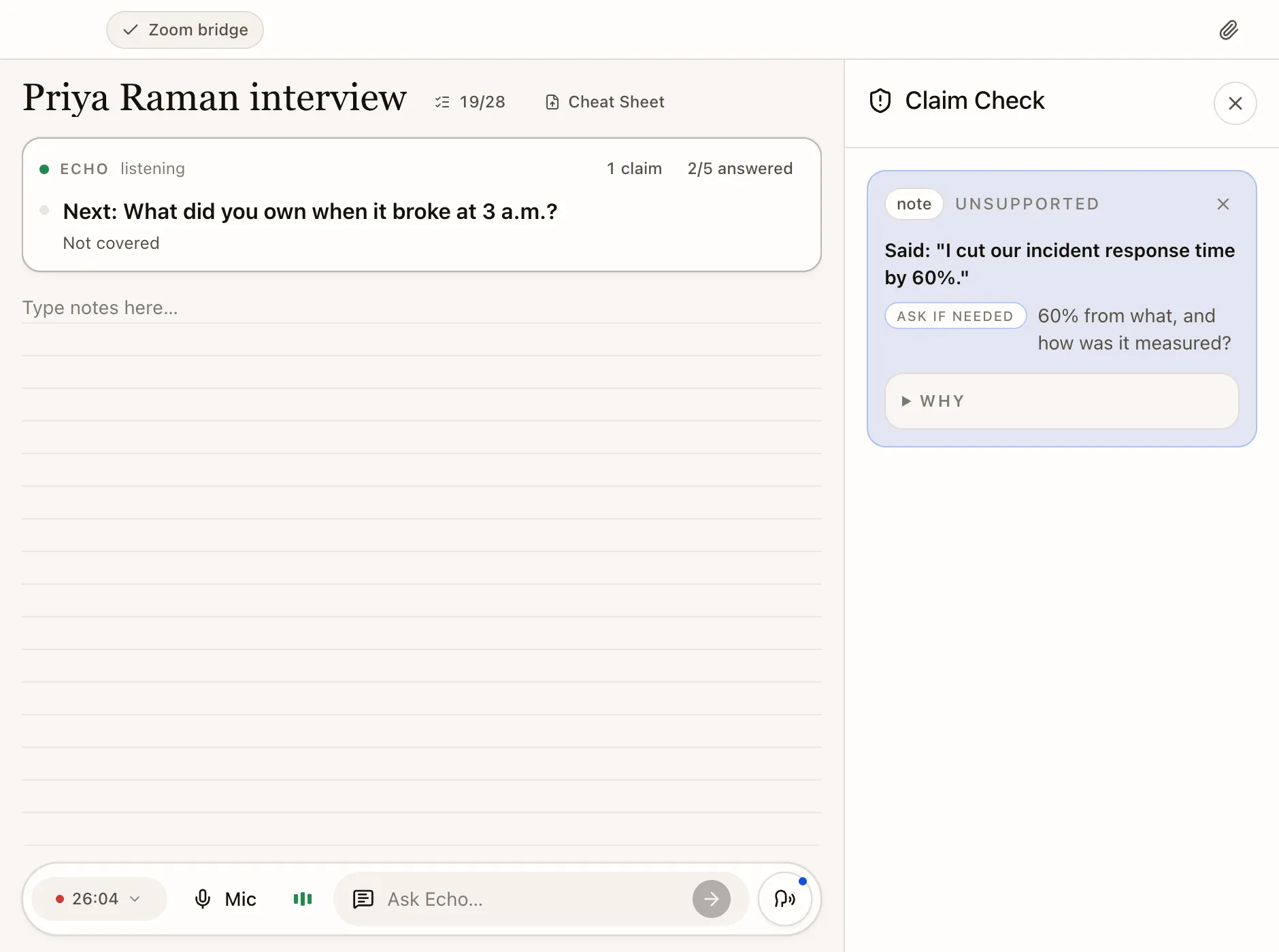 Echo’s Claim Check flagging the unsupported statement “I cut our incident response time by 60%.” with a question to ask if needed: 60% from what, and how was it measured?