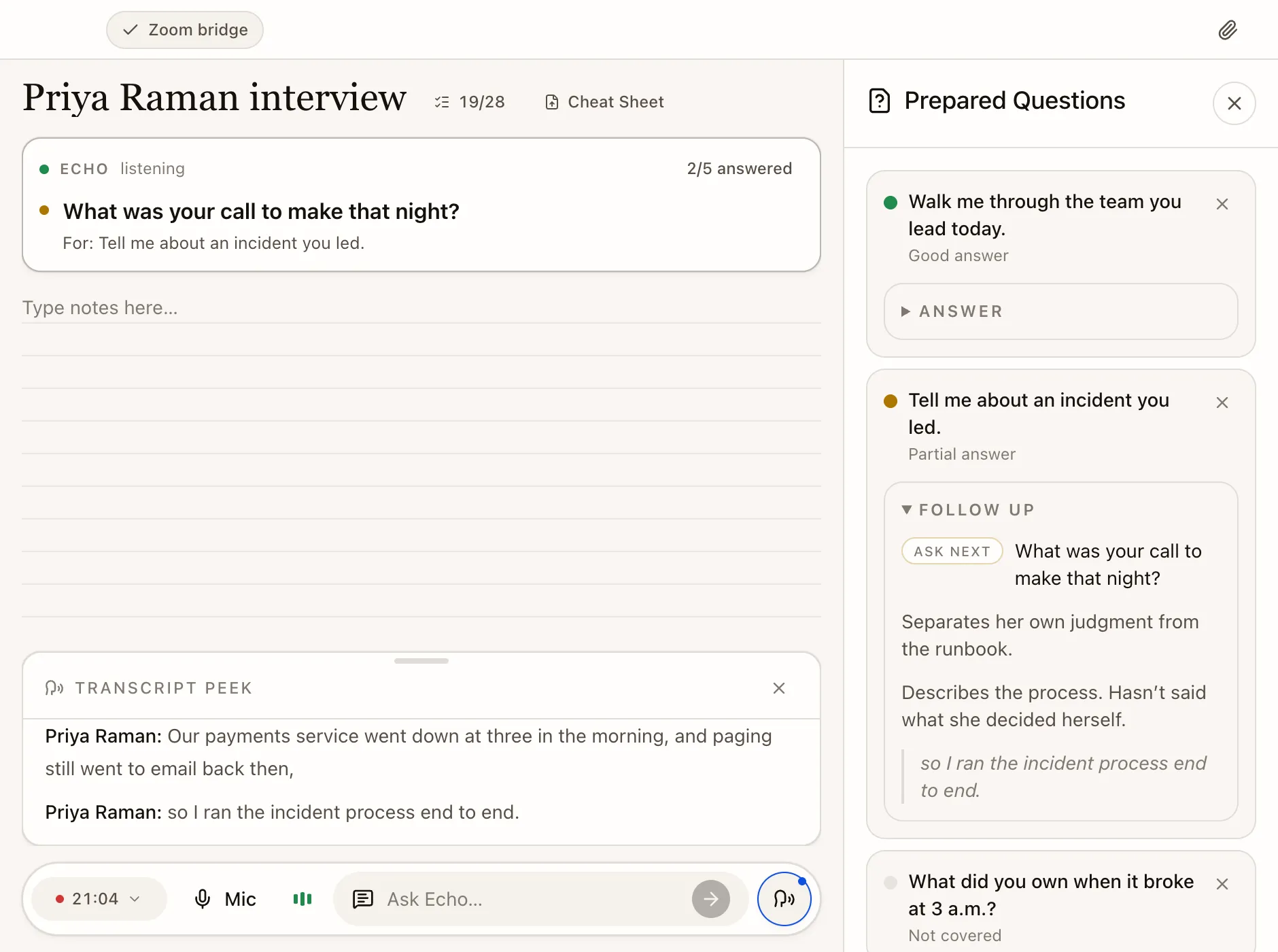Echo’s live window during the interview, showing the follow-up question it passed you.