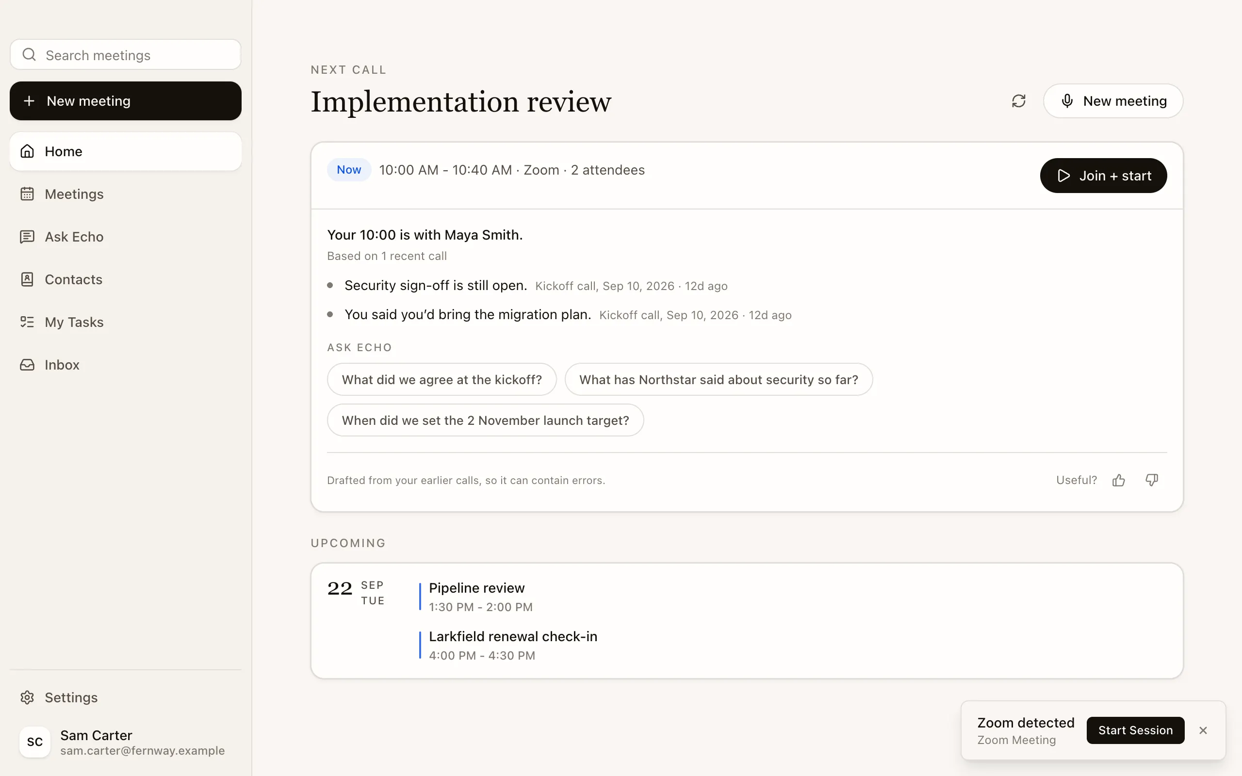 Echo’s own prompt as your meeting begins: “Zoom detected”, “Zoom Meeting” and a Start Session button.