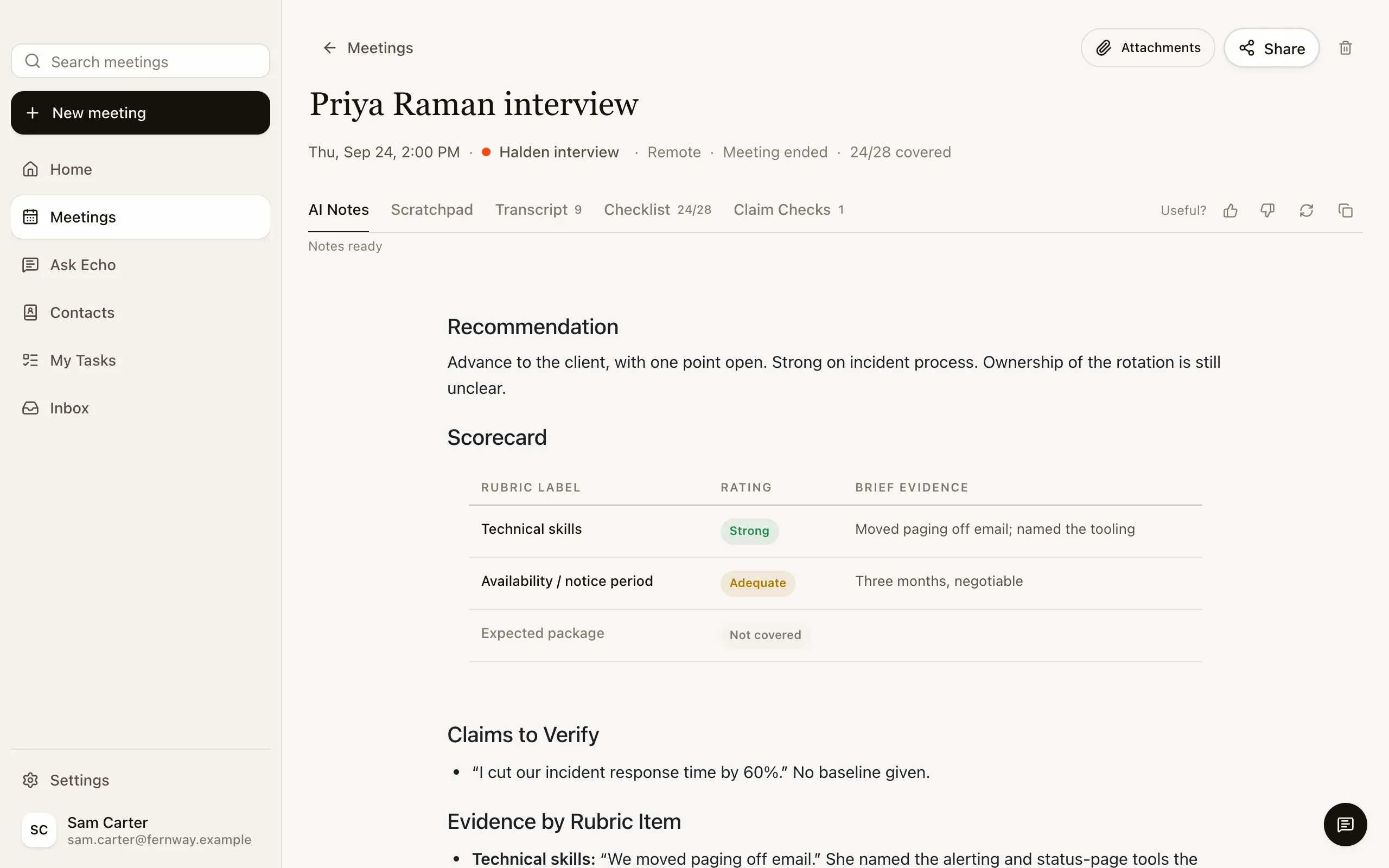 The interview write-up: a recommendation to advance to the client, and a scorecard rating each topic with the evidence behind it.