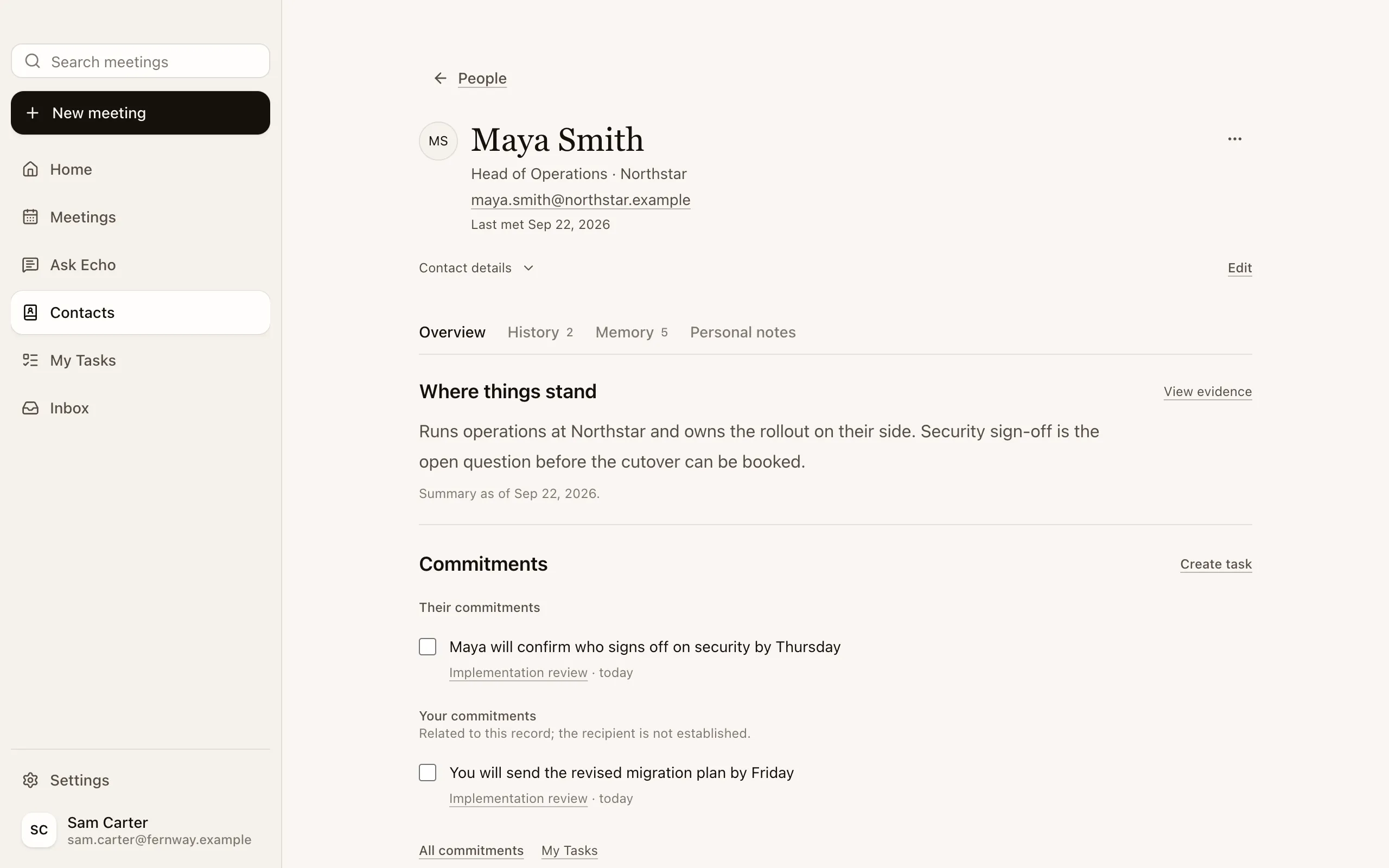 Commitments on Maya Smith’s contact record: hers, to confirm who signs off on security by Thursday, and yours, to send the revised migration plan by Friday.