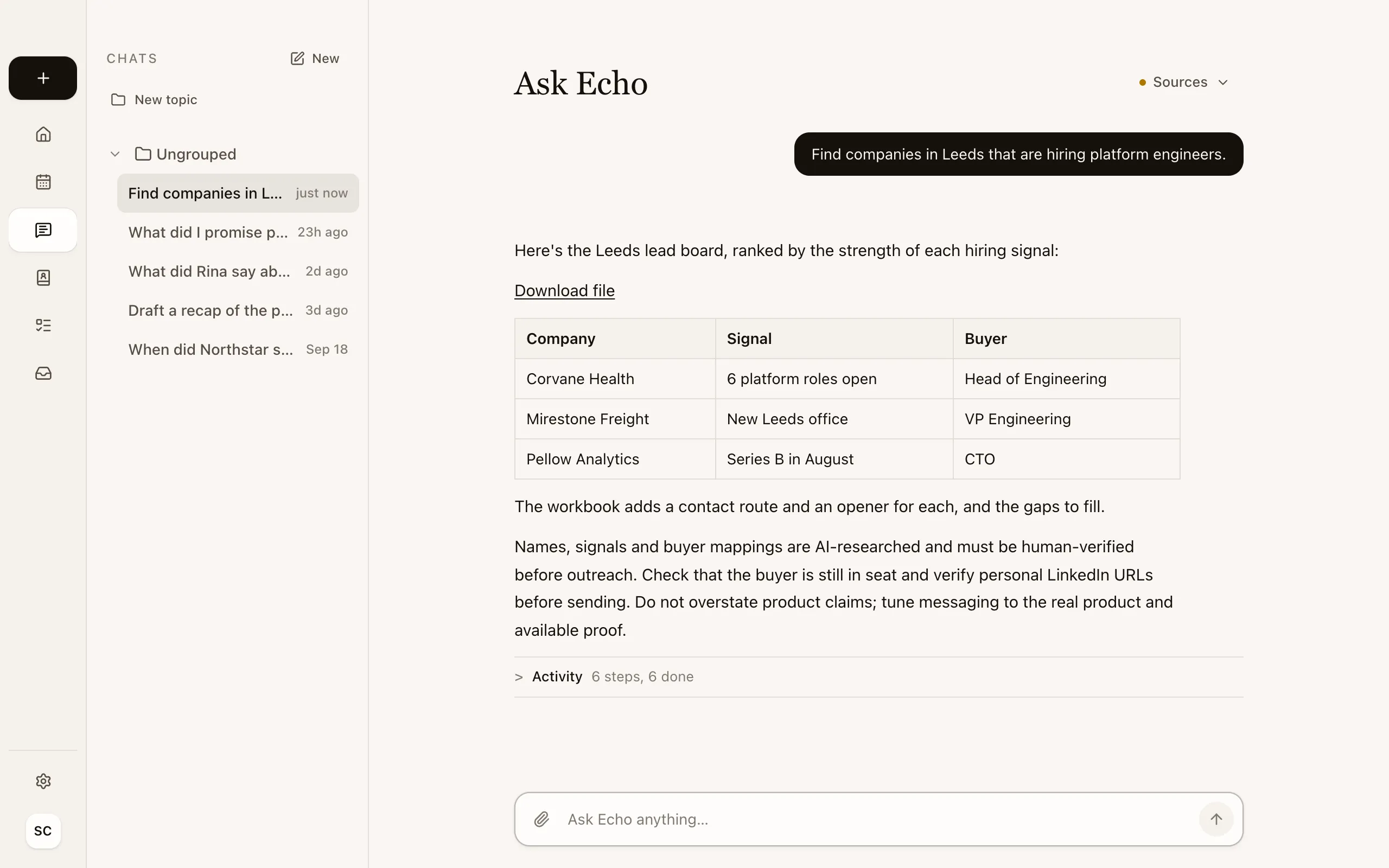 Your request to Echo: “Find companies in Leeds that are hiring platform engineers.”
